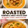 Bowl of creamy pumpkin and sweet potato soup garnished with herbs