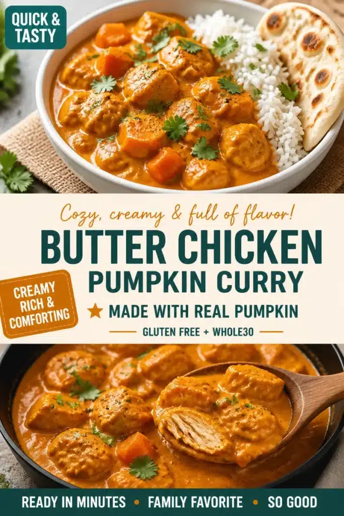 Creamy pumpkin butter chicken curry served in a bowl with herbs