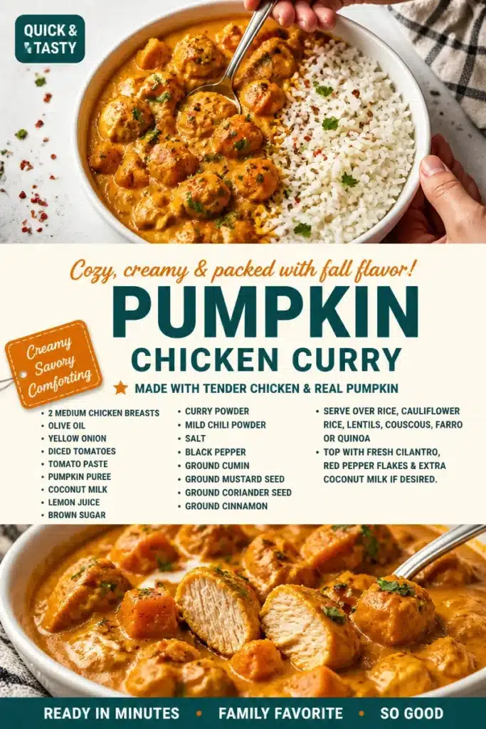 Creamy pumpkin chicken curry served in a bowl with herbs and spices.