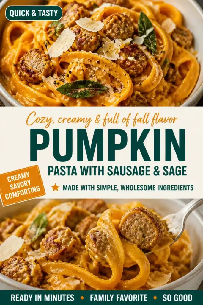 Creamy pumpkin pasta dish topped with sausage, garnished with herbs.