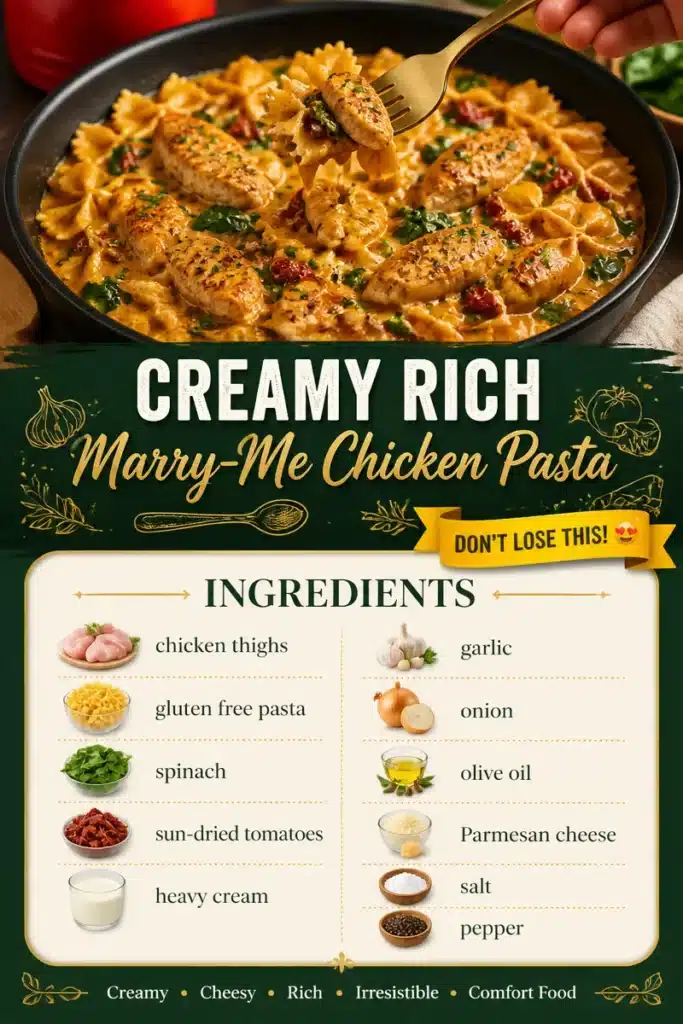 Creamy Marry-Me Chicken Pasta dish with vibrant ingredients and sauce.