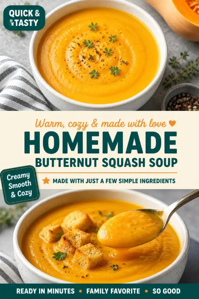 Bowl of creamy roasted butternut squash soup garnished with herbs.