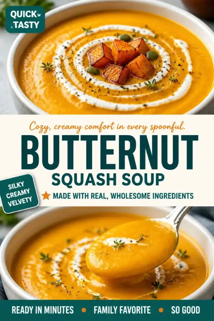 Bowl of creamy roasted butternut squash soup garnished with herbs