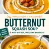 Bowl of creamy roasted butternut squash soup garnished with herbs