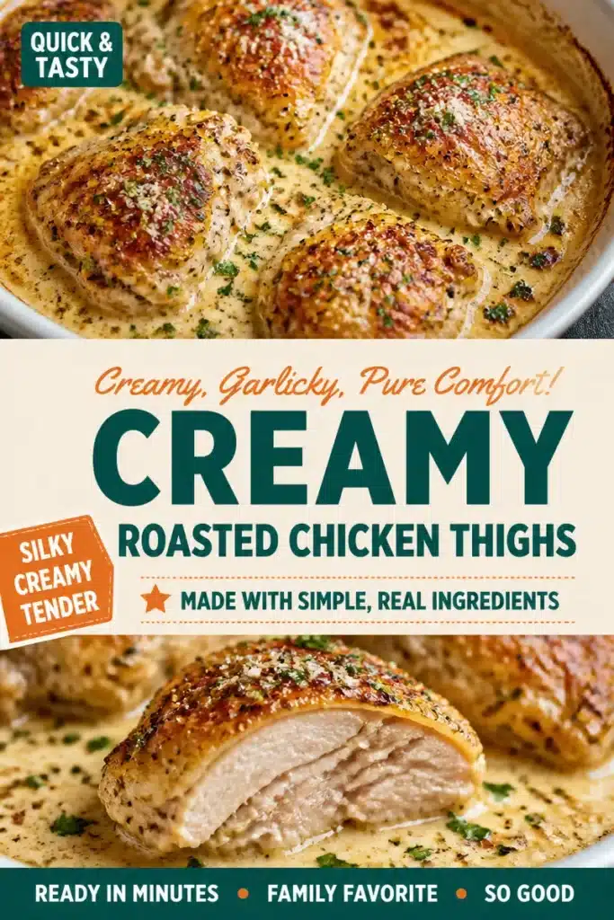 Creamy roasted chicken thighs served on a plate with herbs and spices
