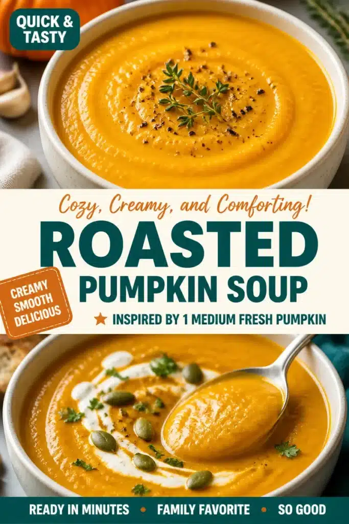 Bowl of creamy roasted pumpkin soup garnished with herbs and spices