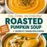 Bowl of creamy roasted pumpkin soup garnished with herbs and spices