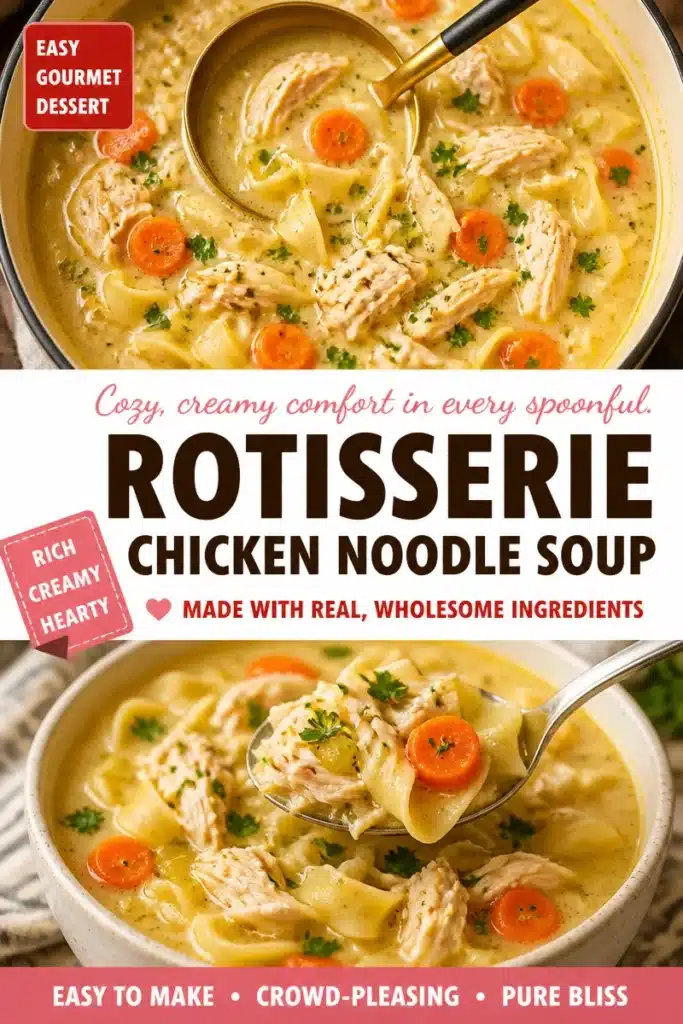 Bowl of creamy rotisserie chicken noodle soup with vegetables and herbs