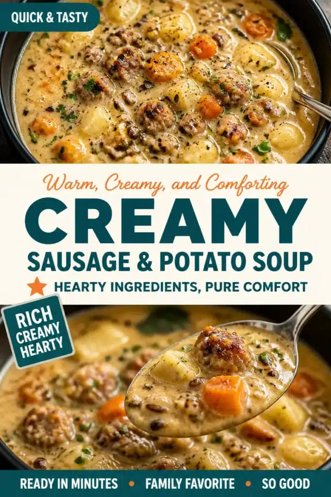 Creamy sausage and potato soup in a bowl garnished with herbs