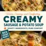 Creamy sausage and potato soup in a bowl garnished with herbs