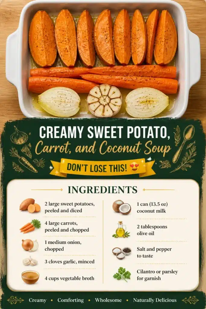 Creamy sweet potato soup with carrots and coconut served in a bowl