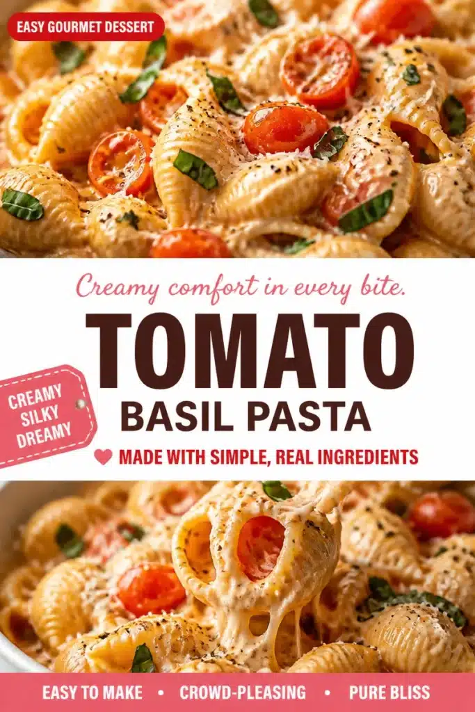 Bowl of creamy tomato basil pasta topped with fresh basil leaves and grated cheese