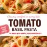 Bowl of creamy tomato basil pasta topped with fresh basil leaves and grated cheese