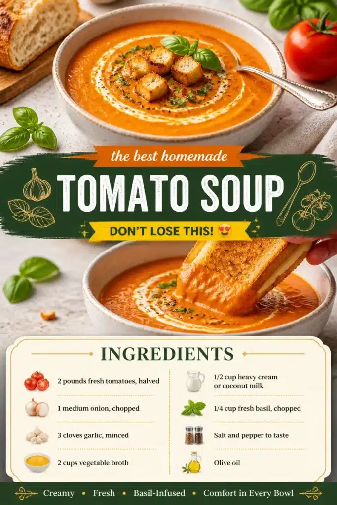 Bowl of creamy tomato basil soup garnished with fresh basil leaves.