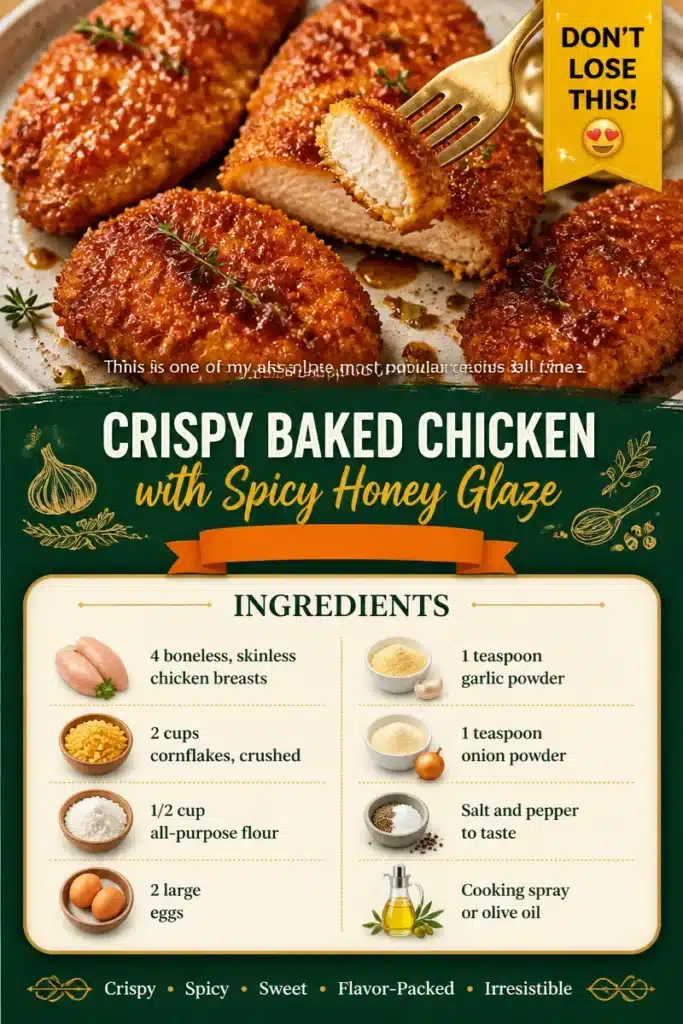 Crispy baked chicken drizzled with spicy honey glaze on a serving plate