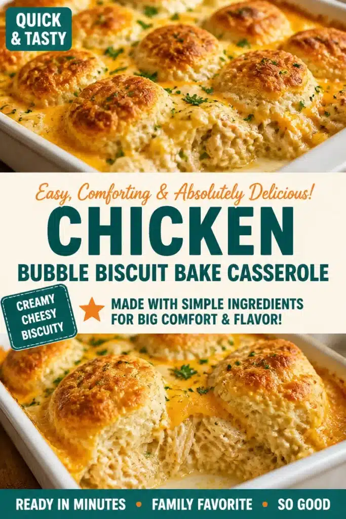 Crispy chicken biscuit casserole ready to serve, featuring golden biscuits and juicy chicken.