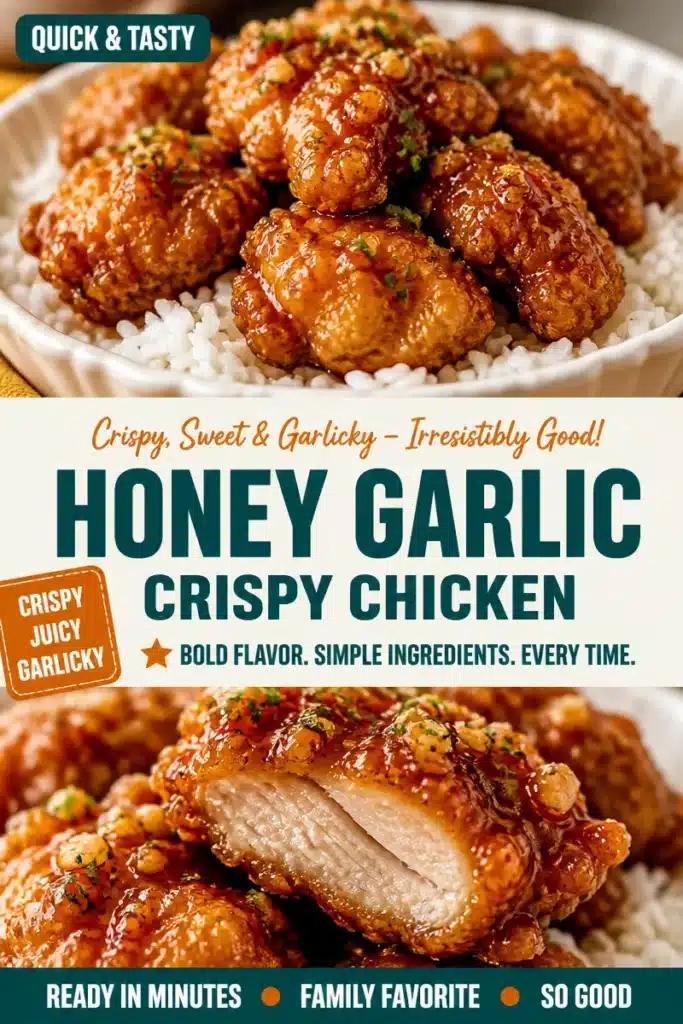 Crispy honey garlic chicken garnished with sesame seeds and green onions