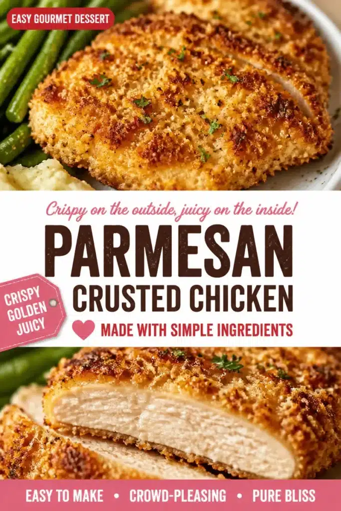 Crispy Parmesan Chicken served on a plate with herbs and lemon wedges