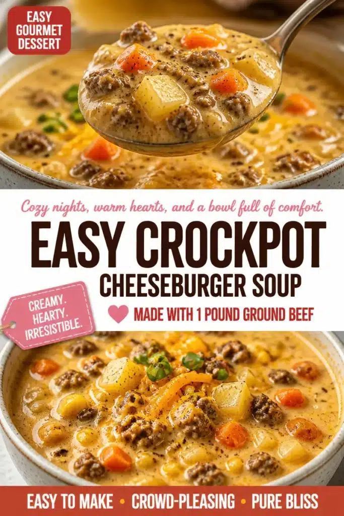 Bowl of hearty crockpot cheeseburger soup with toppings on a cozy night