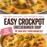 Bowl of hearty crockpot cheeseburger soup with toppings on a cozy night
