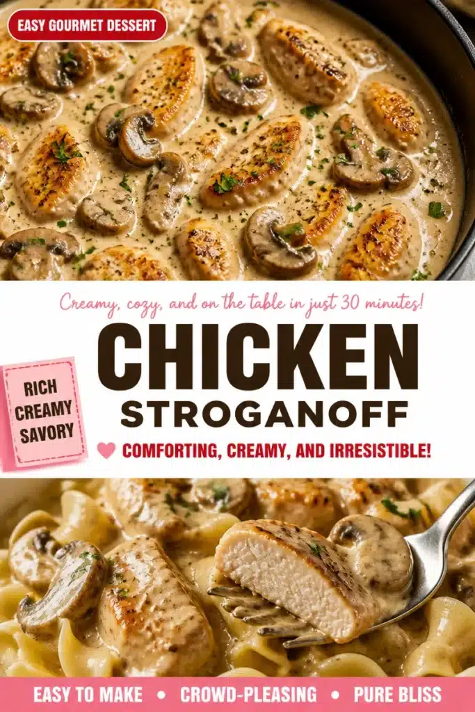 Delicious easy chicken stroganoff served in a bowl with noodles