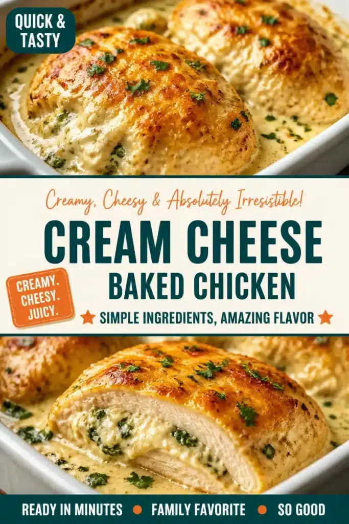 Delicious cream cheese baked chicken served on a plate with herbs.