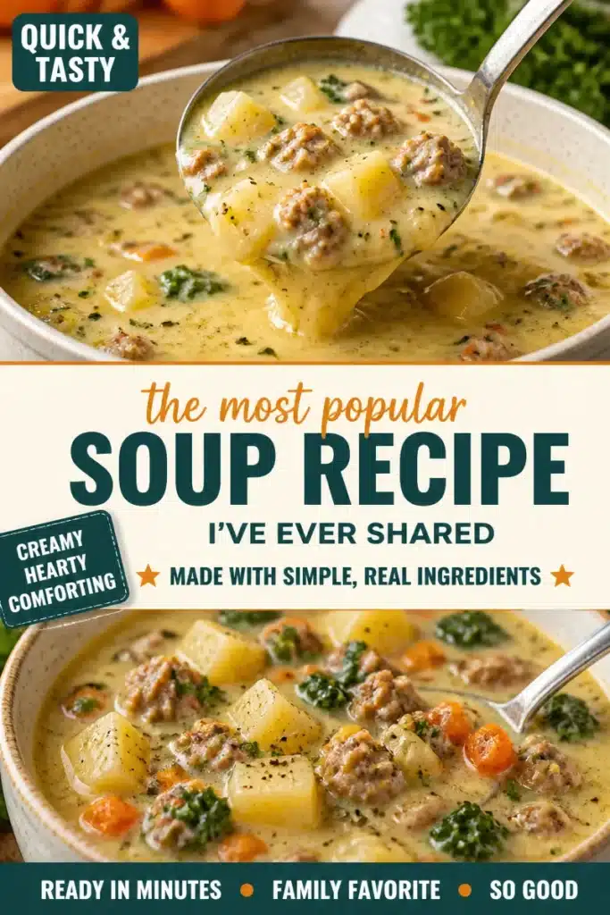 Creamy sausage and potato chowder in a bowl, garnished with herbs.