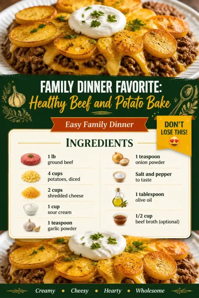 Healthy beef and potato bake dish served in a family-friendly setting