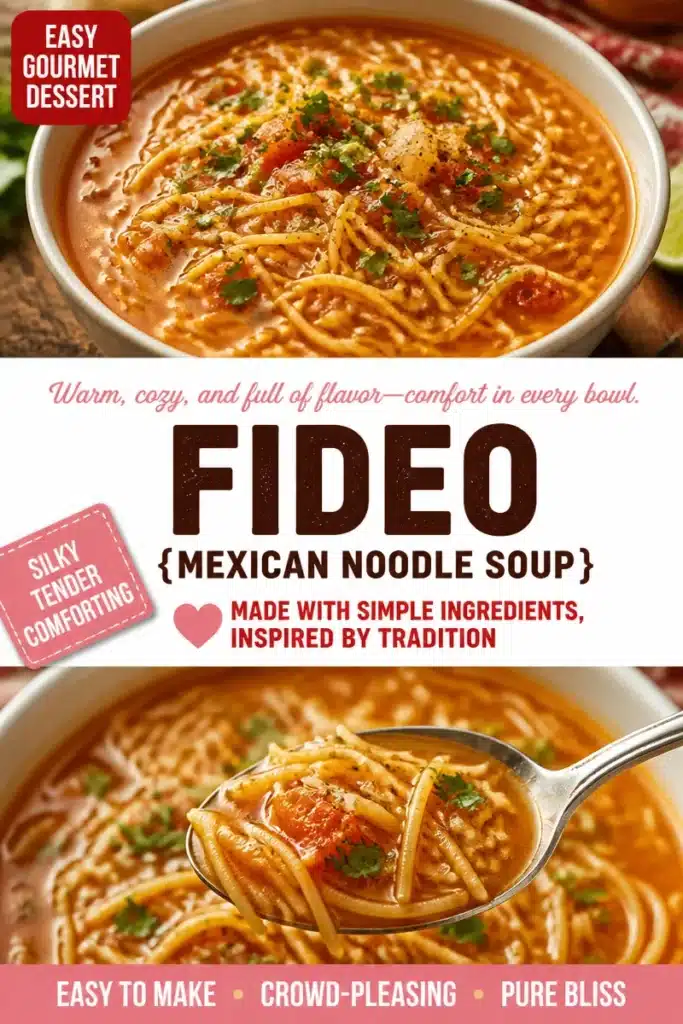 Bowl of Fideo, a traditional Mexican noodle soup with vibrant colors and herbs.