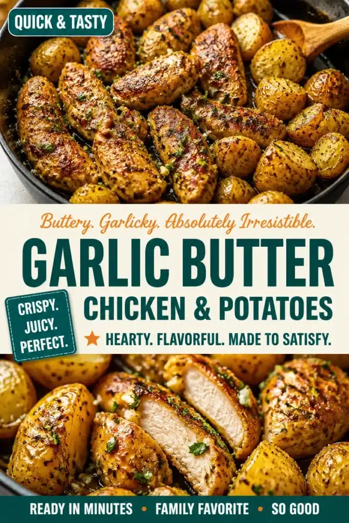 Garlic Butter Chicken served with roasted potatoes on a plate