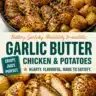 Garlic Butter Chicken served with roasted potatoes on a plate