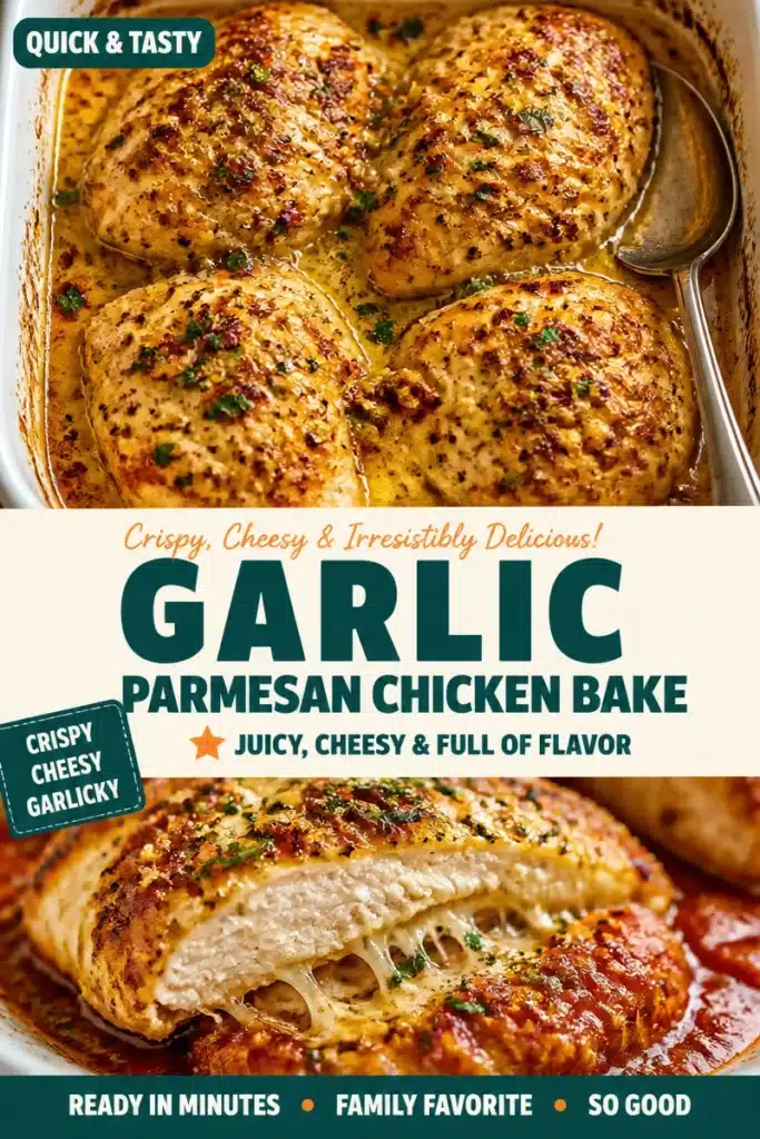 Garlic Parmesan Chicken Bake topped with melted cheese and herbs