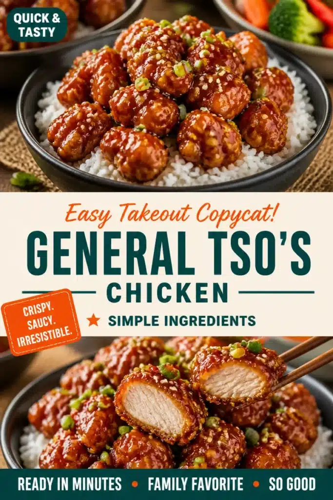 Plate of crispy General Tso's Chicken garnished with scallions and sesame seeds