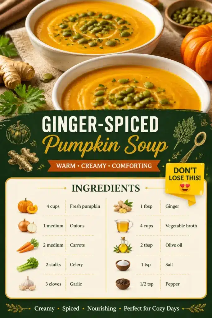 Bowl of ginger-spiced pumpkin soup topped with herbs and a swirl of cream