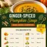 Bowl of ginger-spiced pumpkin soup topped with herbs and a swirl of cream