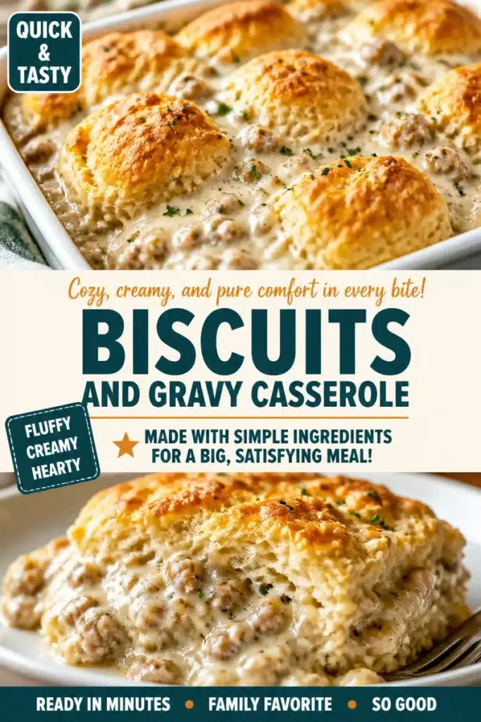 Gravy-Smothered Biscuits Casserole topped with rich gravy