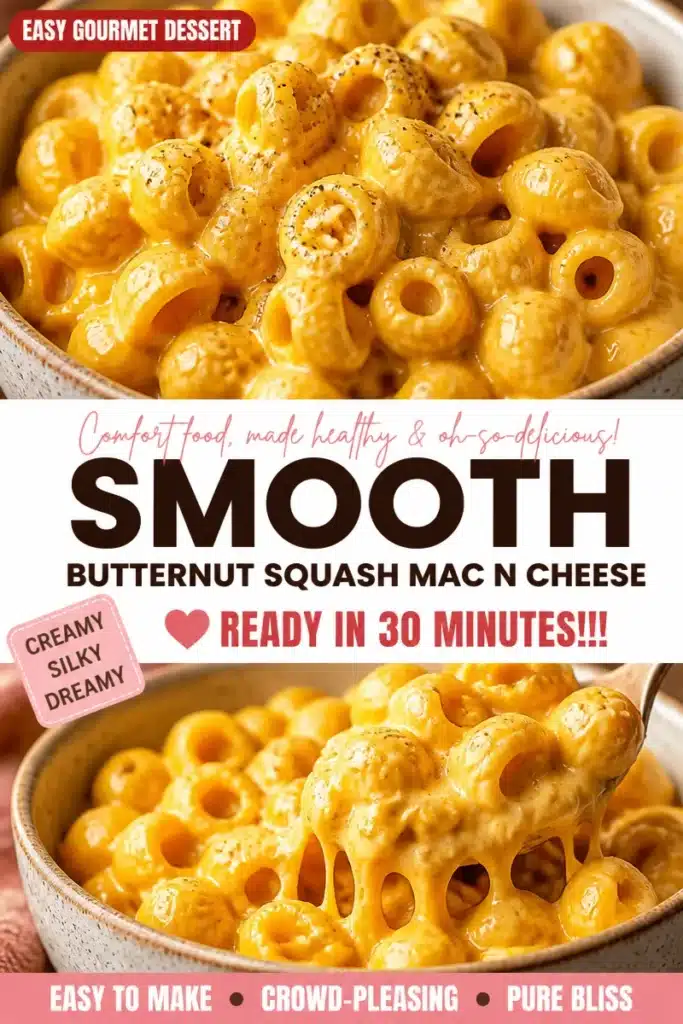 Bowl of healthy creamy butternut squash mac and cheese with fresh herbs