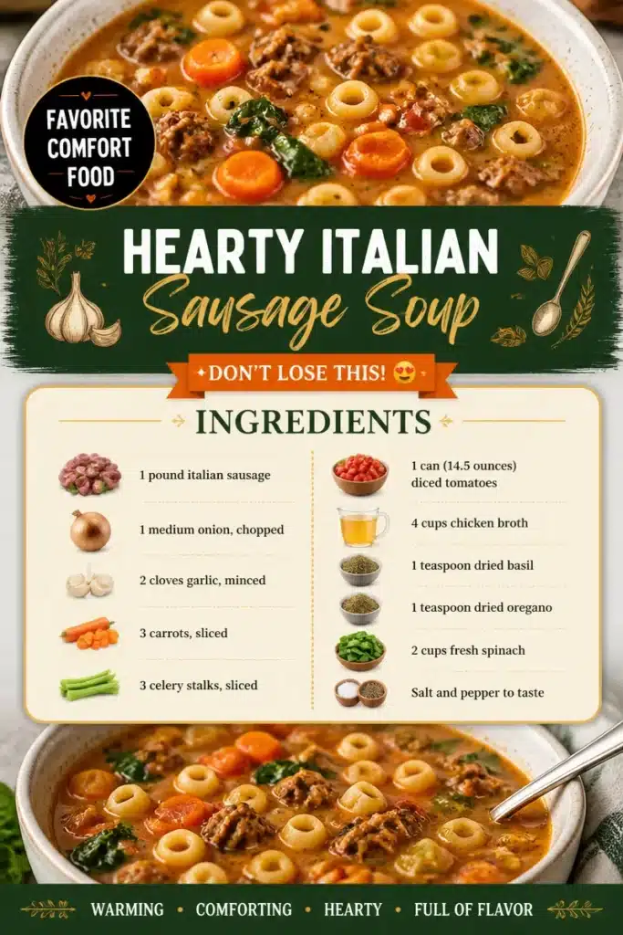 Bowl of hearty Italian sausage soup with vegetables and herbs