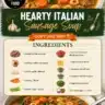 Bowl of hearty Italian sausage soup with vegetables and herbs