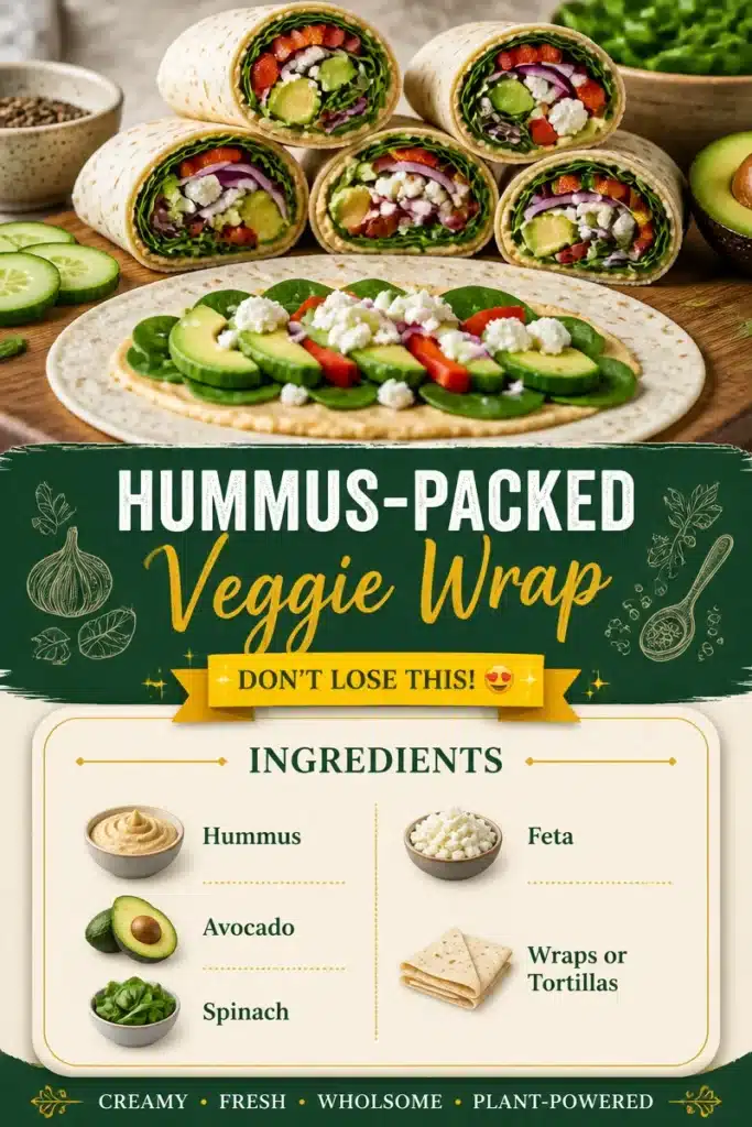 Hummus veggie wrap filled with fresh vegetables and served on a plate.