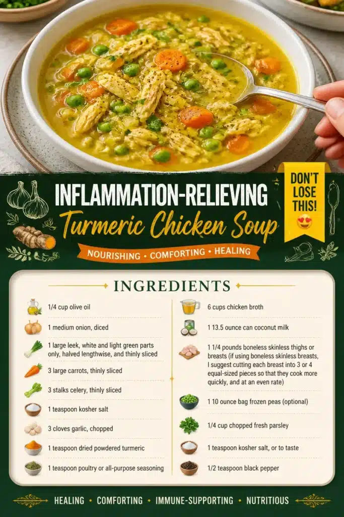 Bowl of inflammation-relieving turmeric chicken soup with fresh herbs