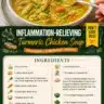 Bowl of inflammation-relieving turmeric chicken soup with fresh herbs