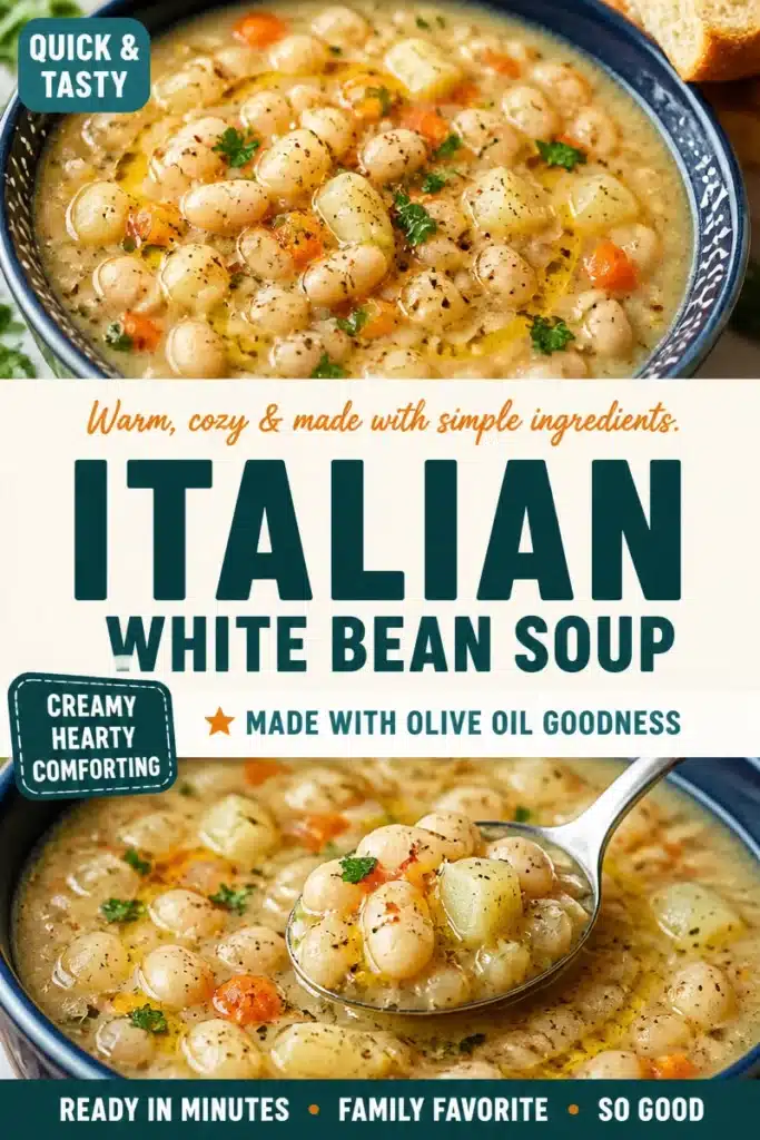 Bowl of Italian white bean soup garnished with herbs and vegetables