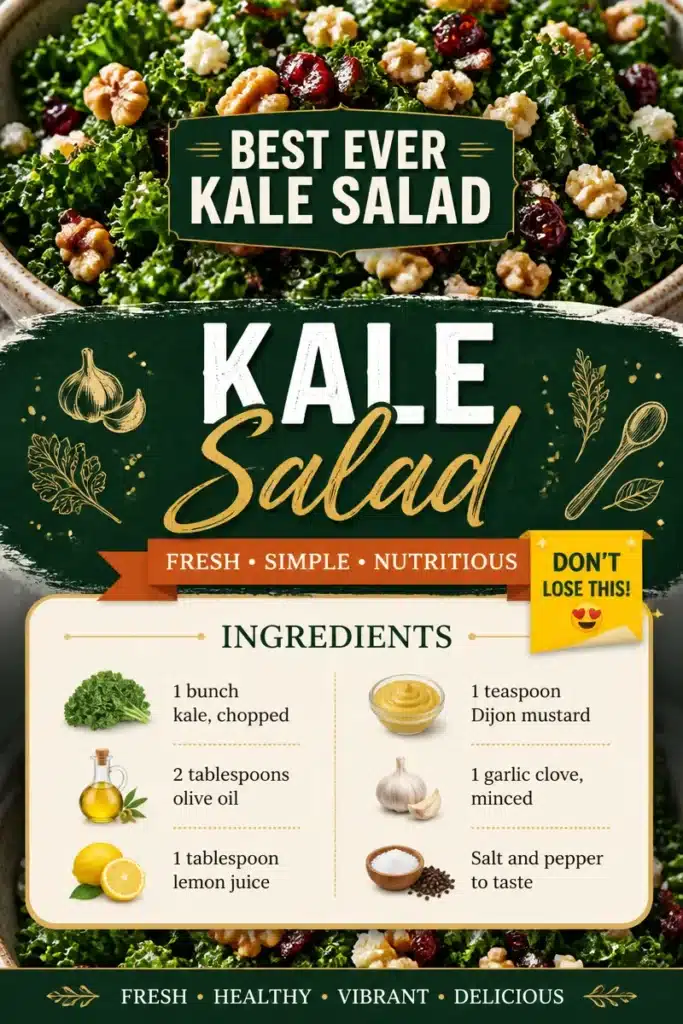 Delicious kale salad with fresh vegetables and dressing on a wooden table