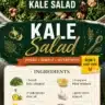 Delicious kale salad with fresh vegetables and dressing on a wooden table