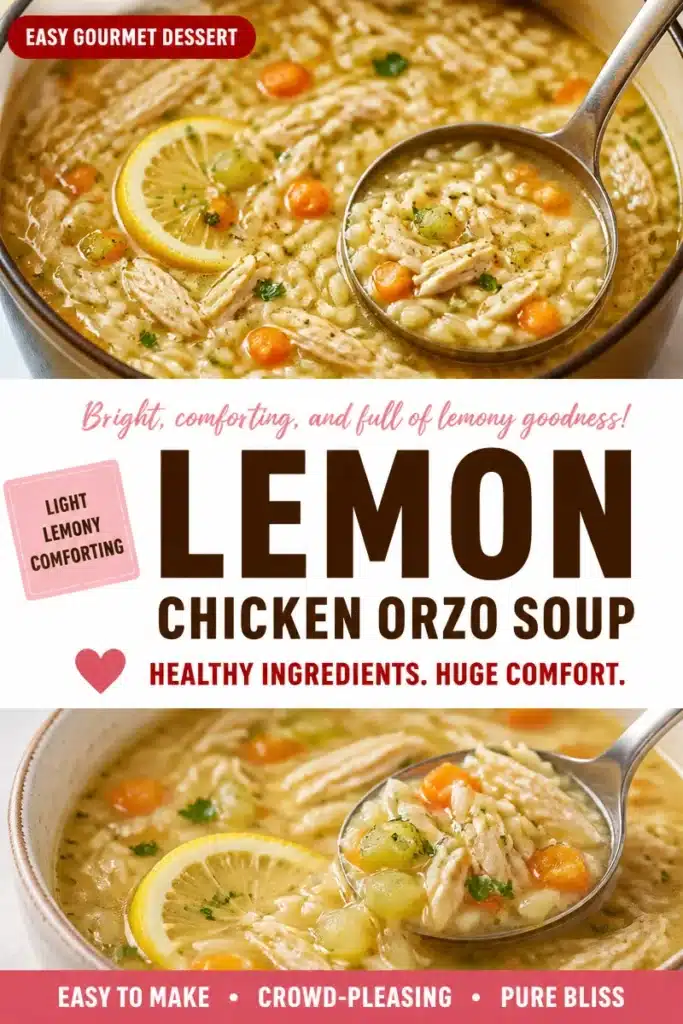 Delicious Lemon Chicken Orzo Soup with fresh herbs and lemon slices.