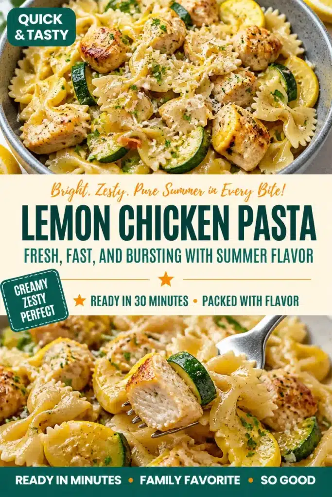 Delicious Lemon Chicken Pasta served with fresh herbs and lemon slices.
