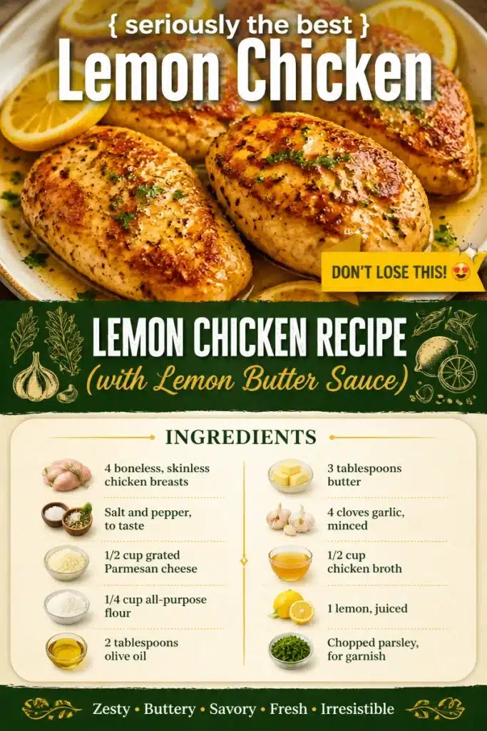 Lemon chicken cooked in lemon butter sauce, garnished with fresh herbs.