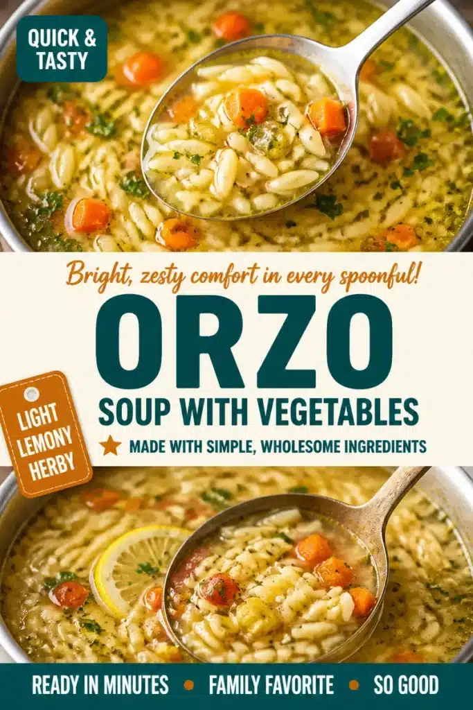 Bowl of lemon-herb orzo soup with fresh vegetables