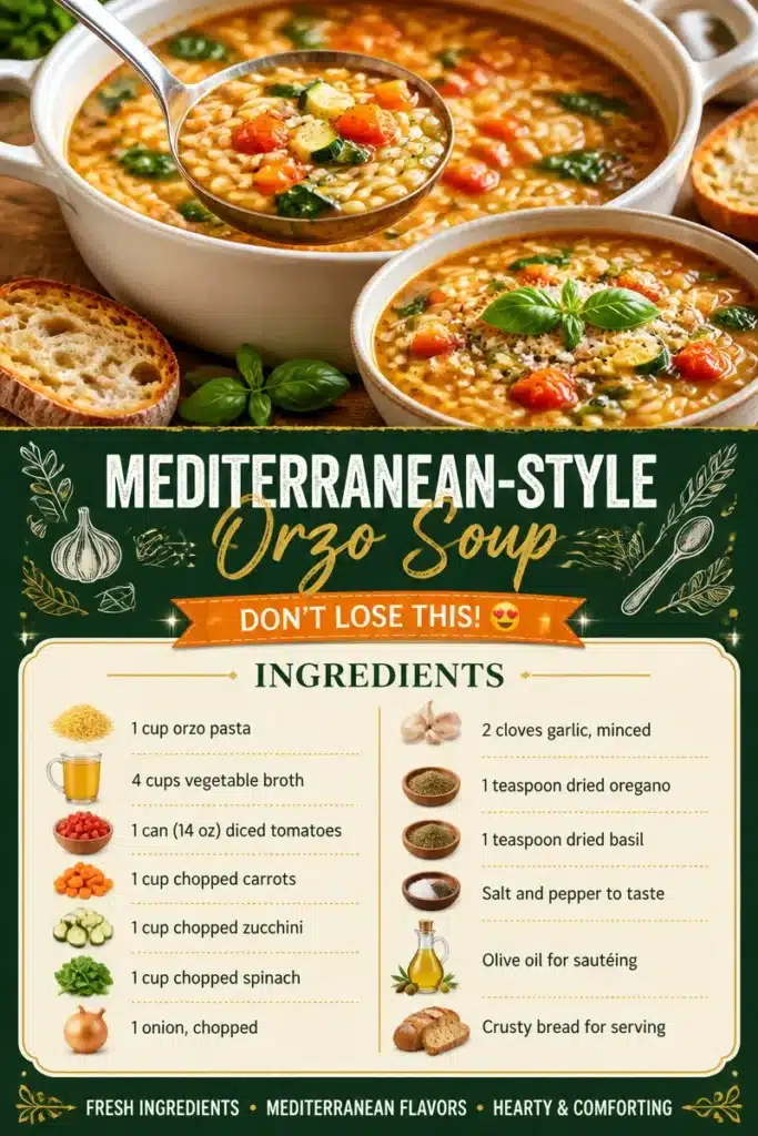 Bowl of Mediterranean-Style Orzo Soup with vegetables and herbs